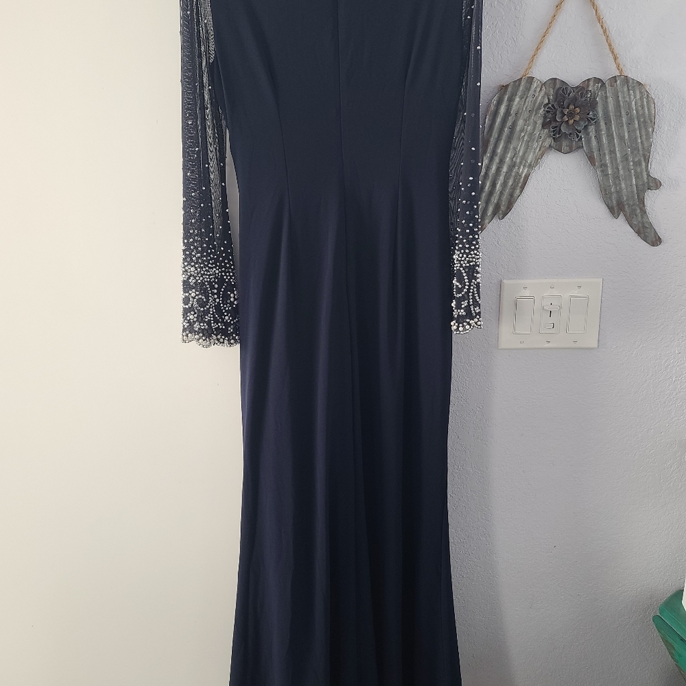 Navy gown beautiful beaded sleeves